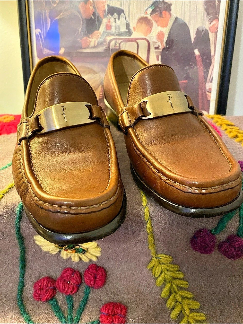 Salvatore Ferragamo Gancini Plaque Leather Loafers Brown